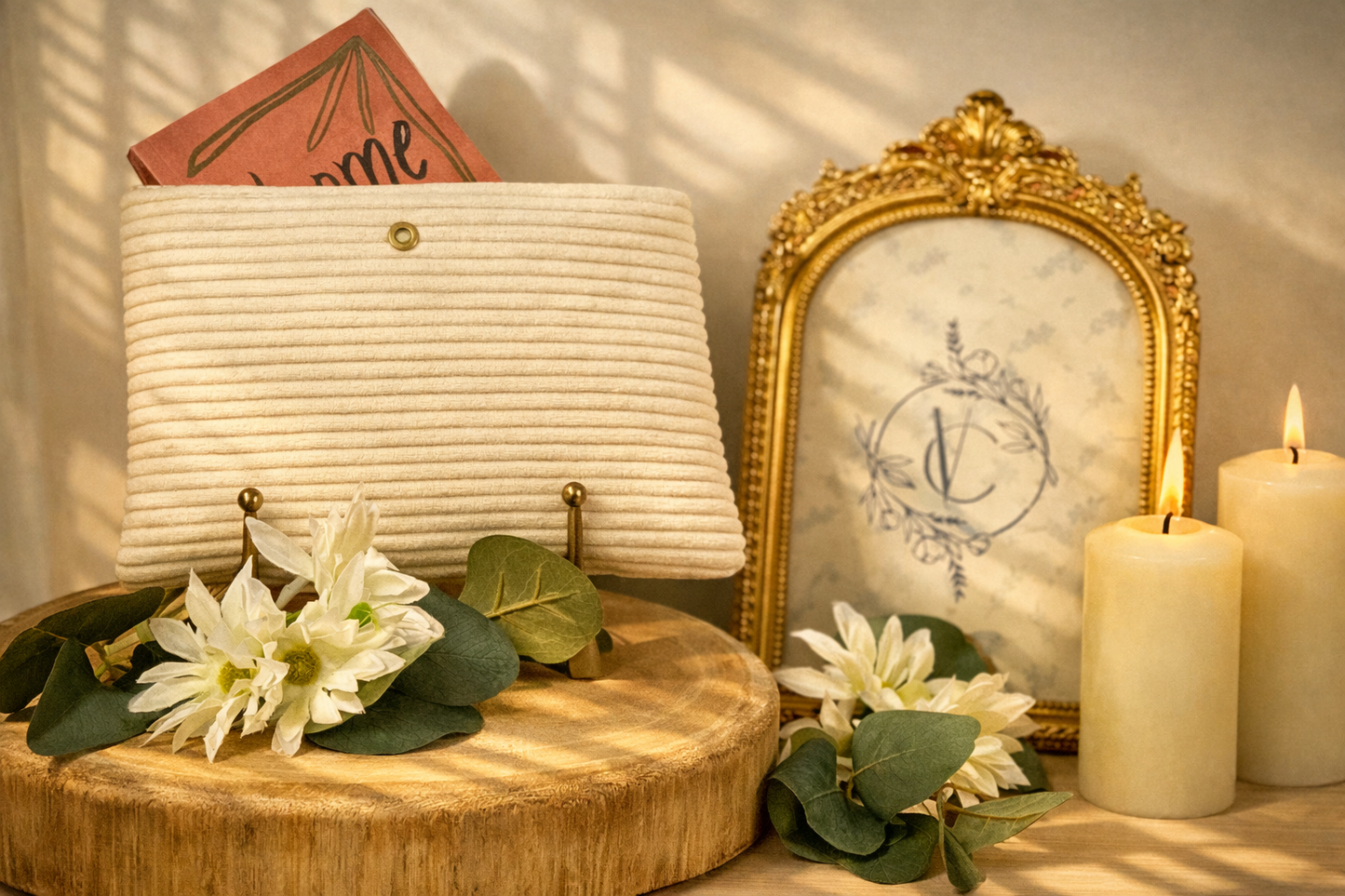 Pochette à livre en Velours Côtelé Écru - Élégance Naturelle & Praticité