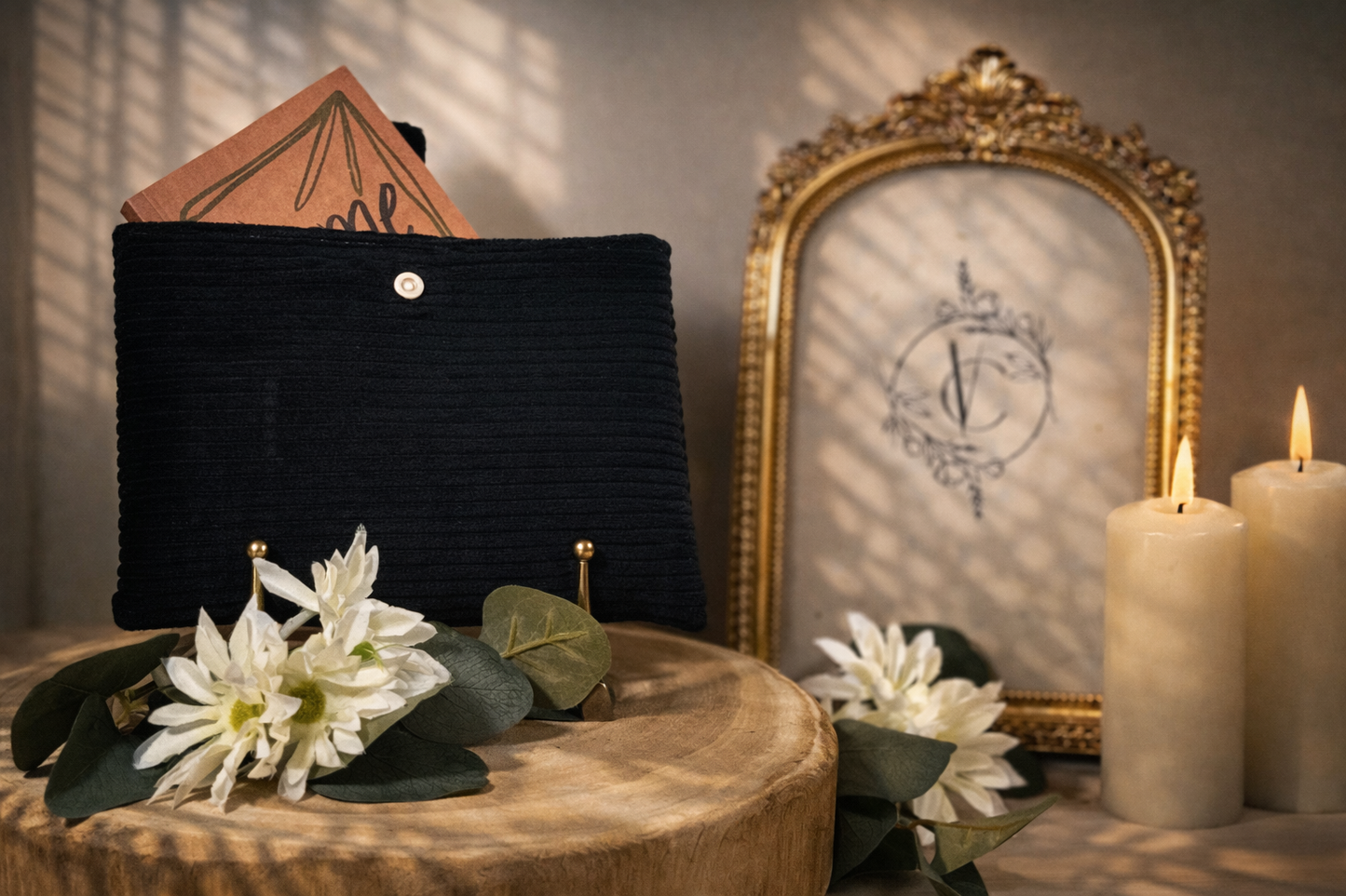 Pochette à livre en Velours Côtelé Noir - Élégance Naturelle & Praticité