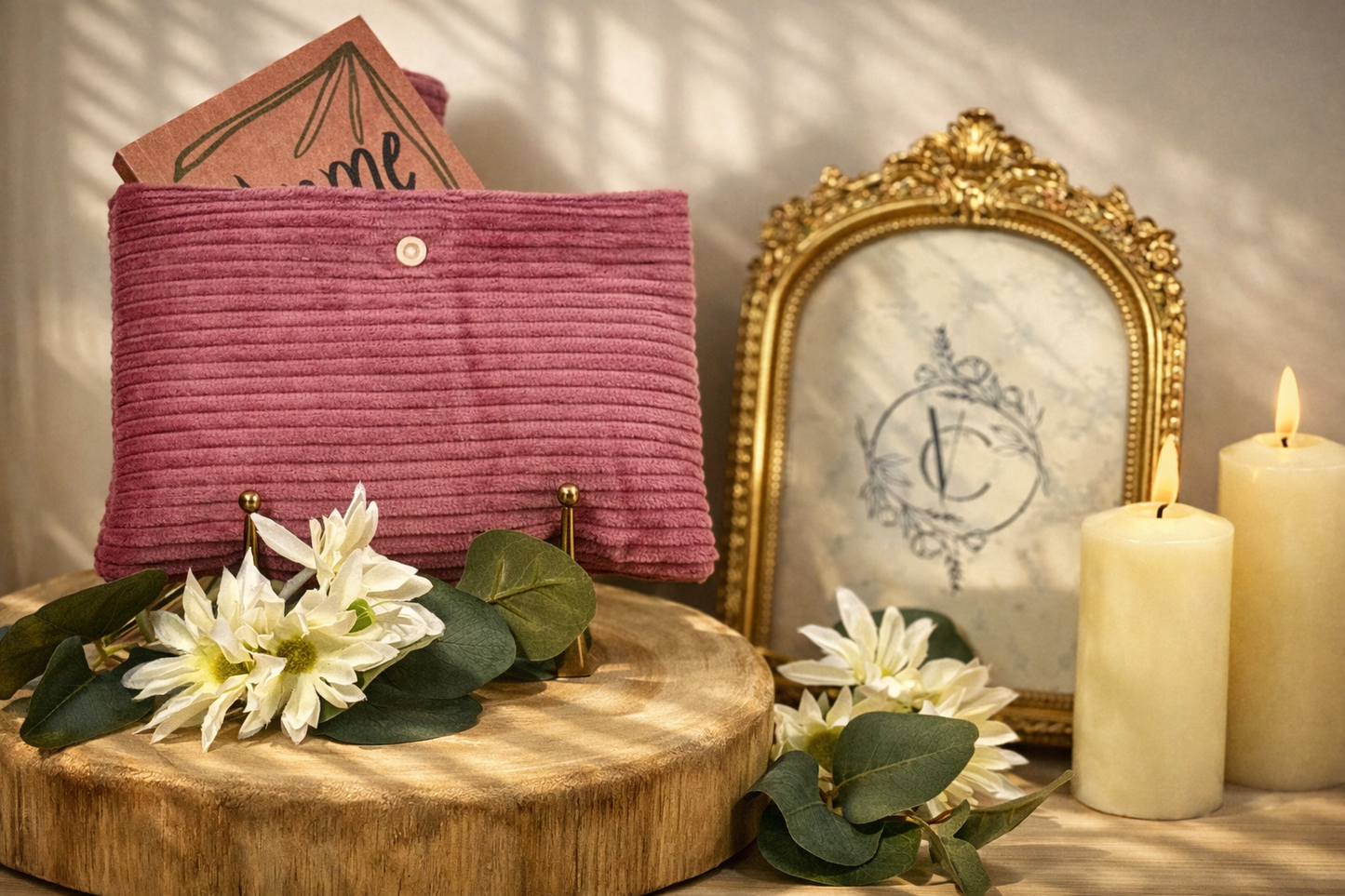 Pochette à livre en Velours Côtelé Framboise - Élégance Naturelle & Praticité