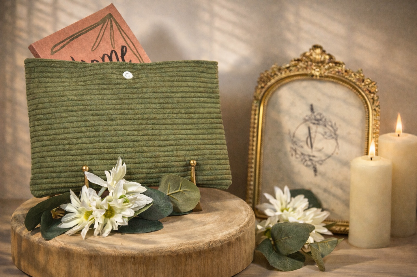 Pochette à livre en Velours Côtelé Kaki - Élégance Naturelle & Praticité