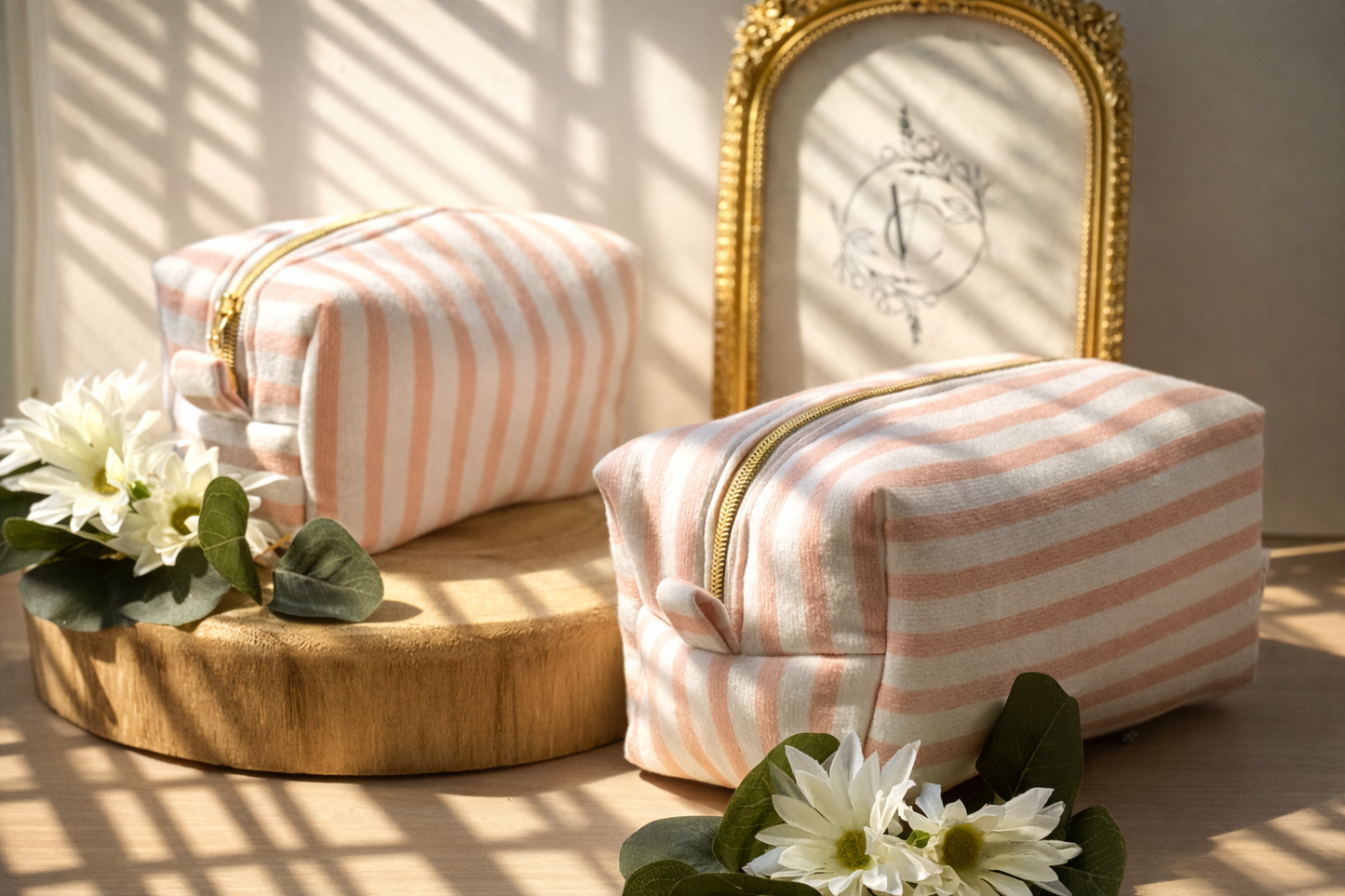 Trousse en tissu rayé Rose - Chic et pratique
